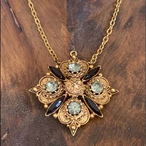 Florenza Vintage Estate Gray & Black Stone Gold Tone Ornate Designer Necklace